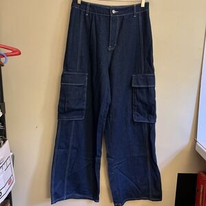 Pretty Little Thing MidDark Wash High Rise Wide Leg size 8 Grunge